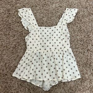 Cream & Brown Polka Dot Ruffle Tie Top Size S!